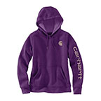 WOMEN'S RELAXED FIT MIDWEIGHT LOGO SLEEVE GRAPHIC SWEATSHIRT - TRUE PURPLE