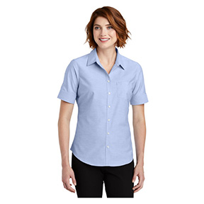 PORT AUTHORITY WOMEN'S SHORT SLEEVE OXFORD SHIRT- OXFORD BLUE