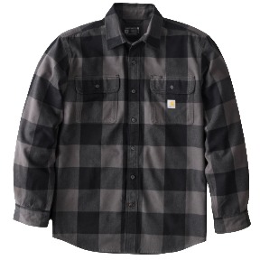 CARHARTT LOOSE FIT HEAVYWEIGHT FLANNEL LONG SLEEVE PLAID SHIRT- GRAVEL