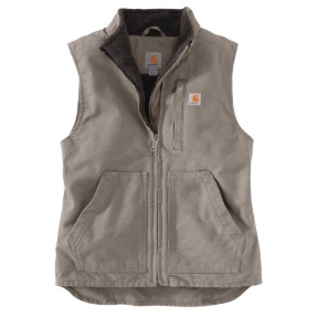 WOMEN'S RELAXED FIT WASHED DUCK SHERPA LINED MOCK NECK VEST- TAUPE GRAY