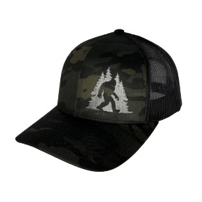 Sasquatch in Trees Curved Bill Trucker Black Camo