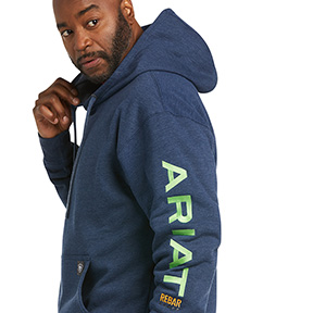 ARIAT REBAR GRAPHIC HOODIE- NAVY HEATHER/LIME